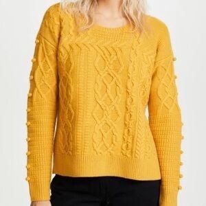 Madewell Women's Yellow Pom Pom Sleeve Cable Knit Merino Wool Sweater Sz Medium